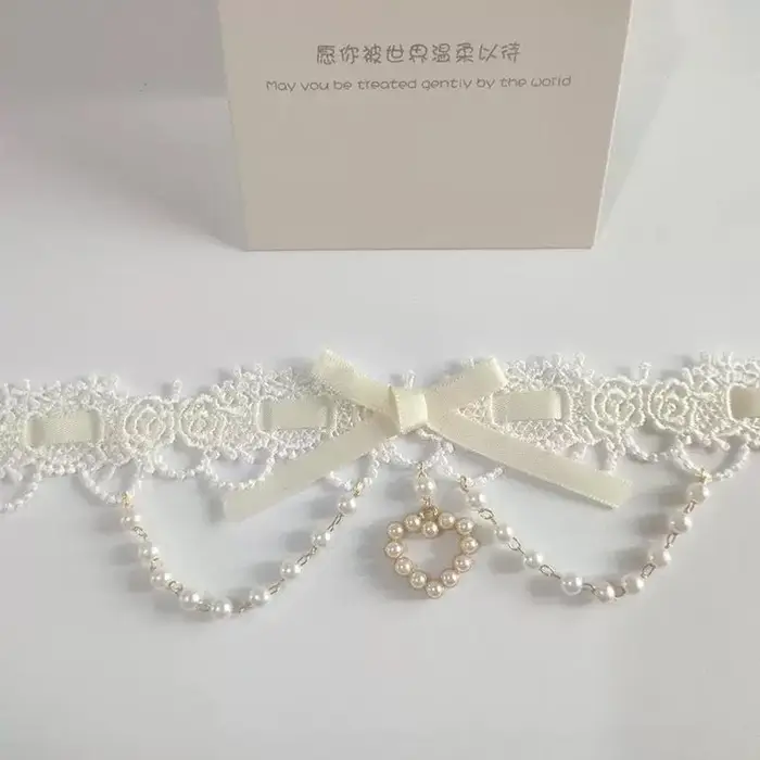 Collier en dentelle avec pendentif cœur en perles Y2K, ruban doux Lolita, charme nœud papillon, coll
