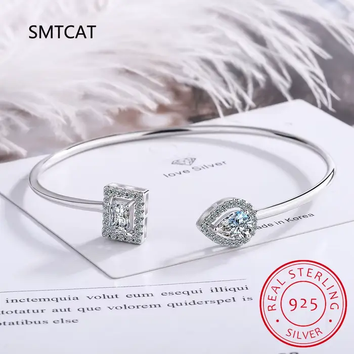 Bracelet ouvert ajustable en argent sterling 925 avec moissanite taille radiant et diamant goutte d'eau pour femme, idéal pour mariage