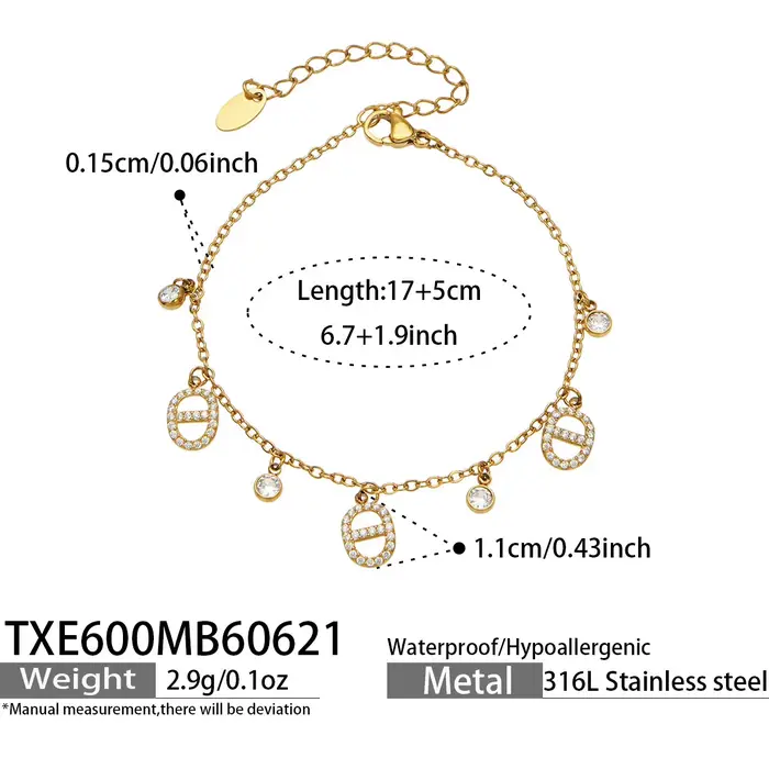Bracelet à breloques en forme de grains de café plaqué or 18 carats avec zircon pour femmes, chaîne 