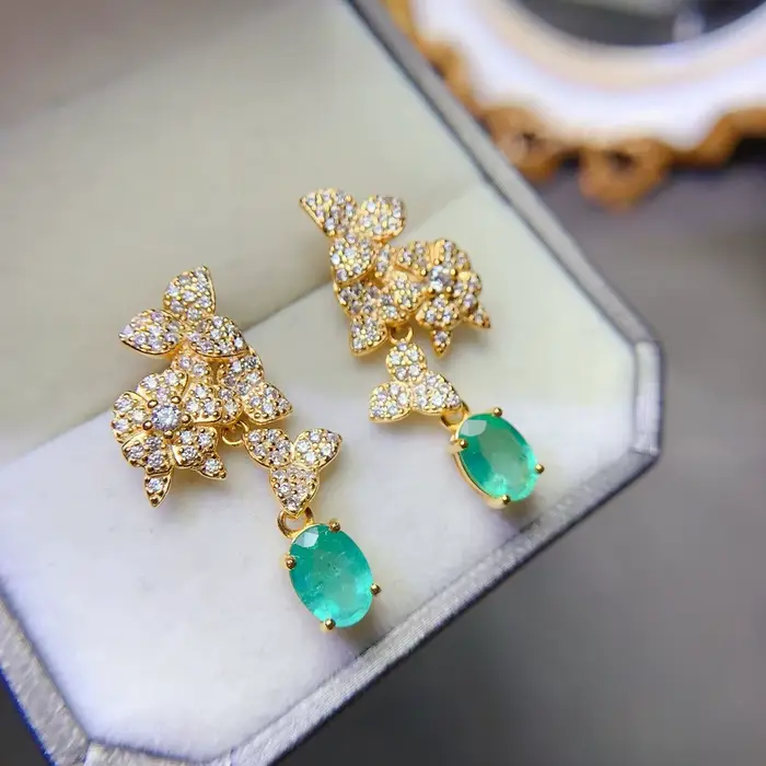 Boucles d'oreilles en argent sterling S925 et émeraude véritable pour femmes occassions spéciales anniversaires et vacances