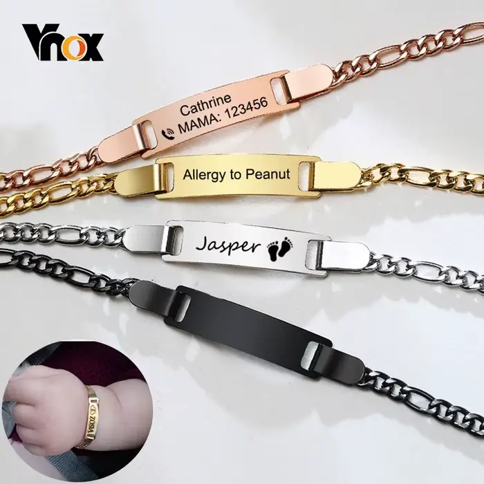 Vnox – Bracelets Anti-allergie pour maman et fille, en acier inoxydable, pour bébé, nom personnalisé, barre de Date de naissance, cadeaux de baptême personnalisés pour filles et garçons
