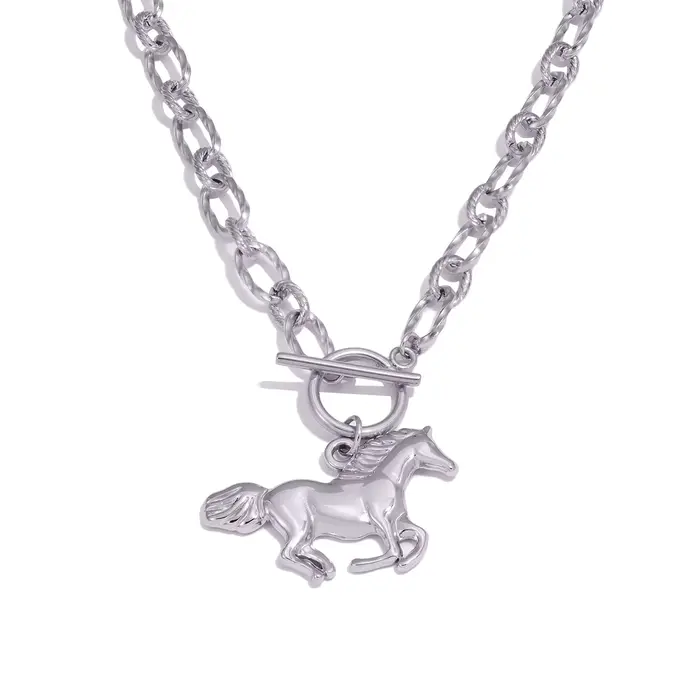 Collier tendance avec pendentif Cheval des 12 signes du zodiaque pour femme, en acier inoxydable pla