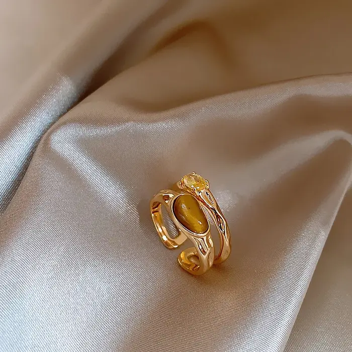 Bague ouverte en pierre d'oeil de tigre, couleur or, Design Sense, Double couche, rétro, luxe, acces