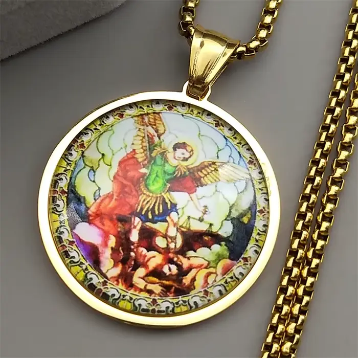 SAINT MICHAEL PROTECT US archange acier inoxydable verre pendentif collier pour femmes hommes couleur or chrétien amulette bijoux