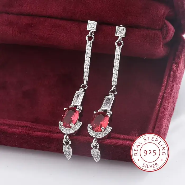 Baguette ovale rubis plein de diamants longs pampilles boucles d'oreilles pour femmes Zircon S925 ar