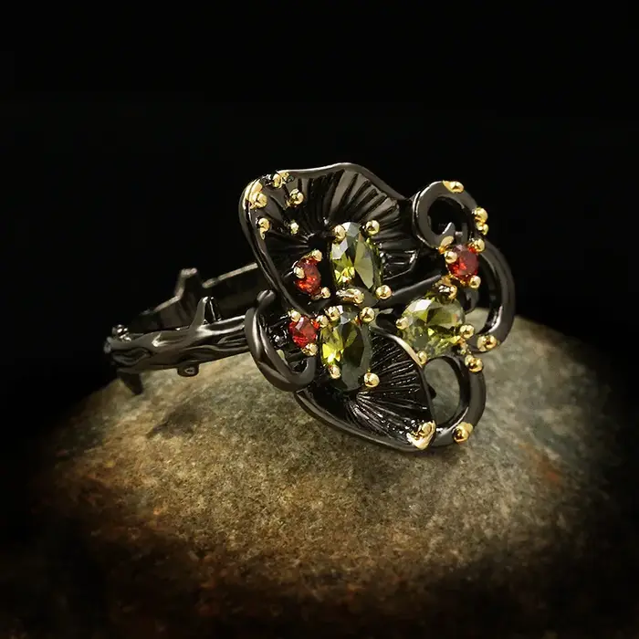 Bague Vintage en argent 925 pour femmes, bague en relief orchidée noire et dorée, bague géométrique 