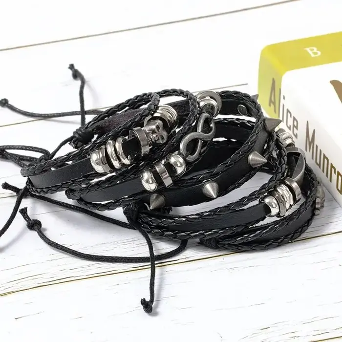 Ensemble de bracelets tressés de style punk 5 pièces en cuir et alliage de zinc violet pour homme et femme occasions spéciales