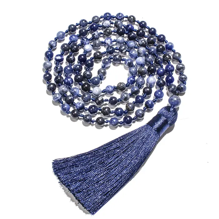 Collier Mala 108 perles en sodalite naturelle de 6 mm, noué, pour la méditation, le yoga, la prière,
