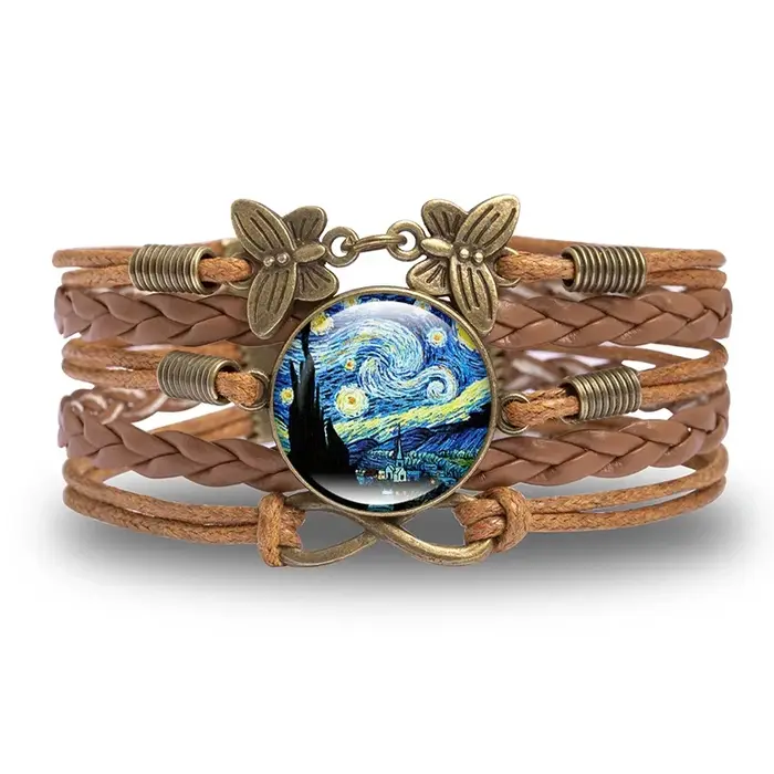 Vintage Van Gogh nuit étoilée dôme en verre Bracelet en cuir Bronze plaqué papillon Bracelets pour f
