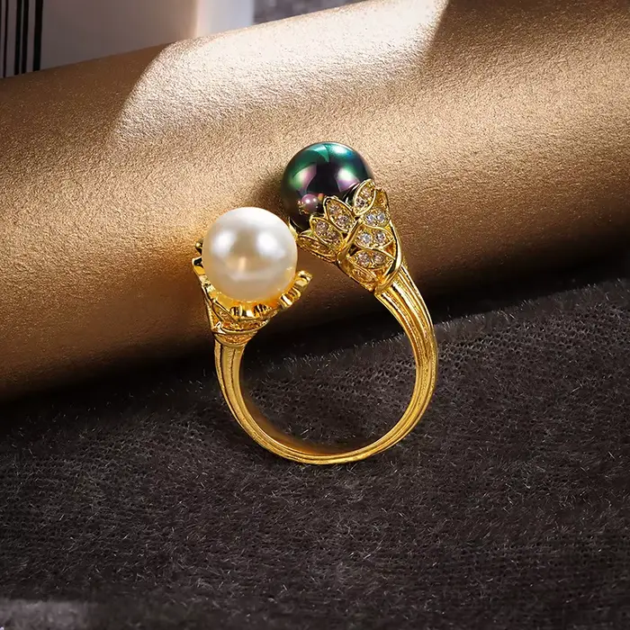 Bagues Vintage réglables en acier inoxydable pour femmes, bague créative en perles plaquées or 18 ca