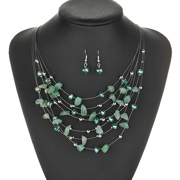 Ensemble de bijoux pour femmes, collier et boucles d'oreilles multicouches en cristal, style bohème