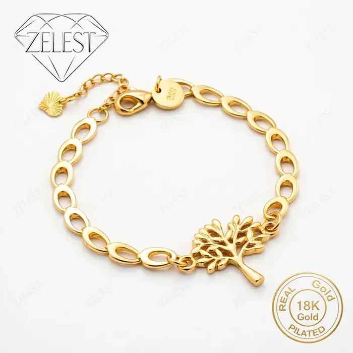 Bracelet Arbre de Vie Exquis en Argent Sterling 925 Plaqué Or 18K, 8 Pouces, Bijoux de Mode pour Fem