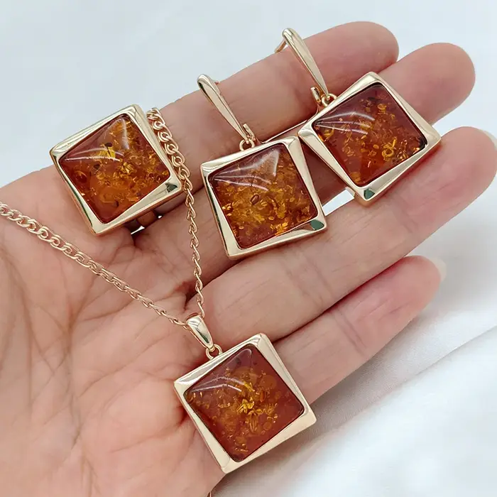 Kinel – ensemble de bijoux vintage pour femmes, boucles d'oreilles carrées en ambre, collier en or r