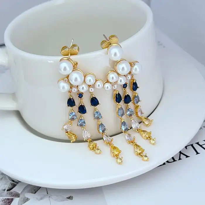 Edward Era rétro perle Bijoux pour femmes 14K or rempli bleu pierre précieuse