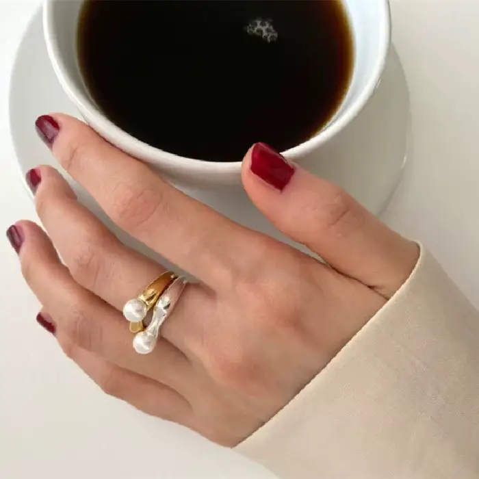 ANENJERY perle brillant anneau ouvert pour les femmes français exquis Goden couleur argent bague tout assorti accessoires anillos bague