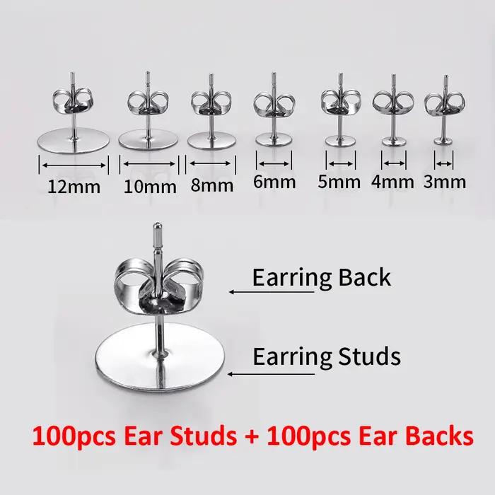 Lot de 100 boucles d'oreilles en acier inoxydable, couleur or, Base de 3 à 10mm avec prise arrière, 