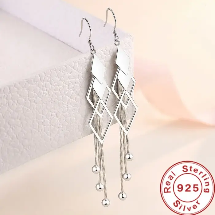 SAIYE-Boucles d'oreilles longues géométriques en argent regardé 925 pour femmes, en forme de diamant