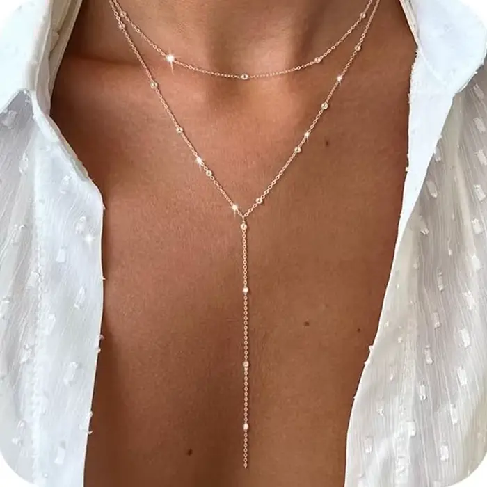 Collier long délicat plaqué or 14 carats avec pendentif Y couches de perles cz bijou acier inoxydable pour femmes occasions spéciales