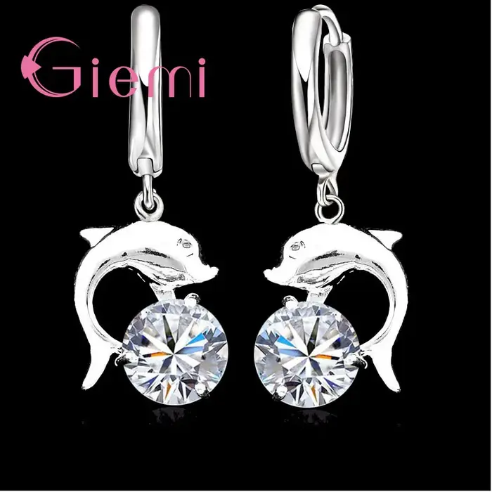 Boucles d'oreilles pendantes en argent Sterling 925 véritable, joli dauphin en cristal et Zircon pou