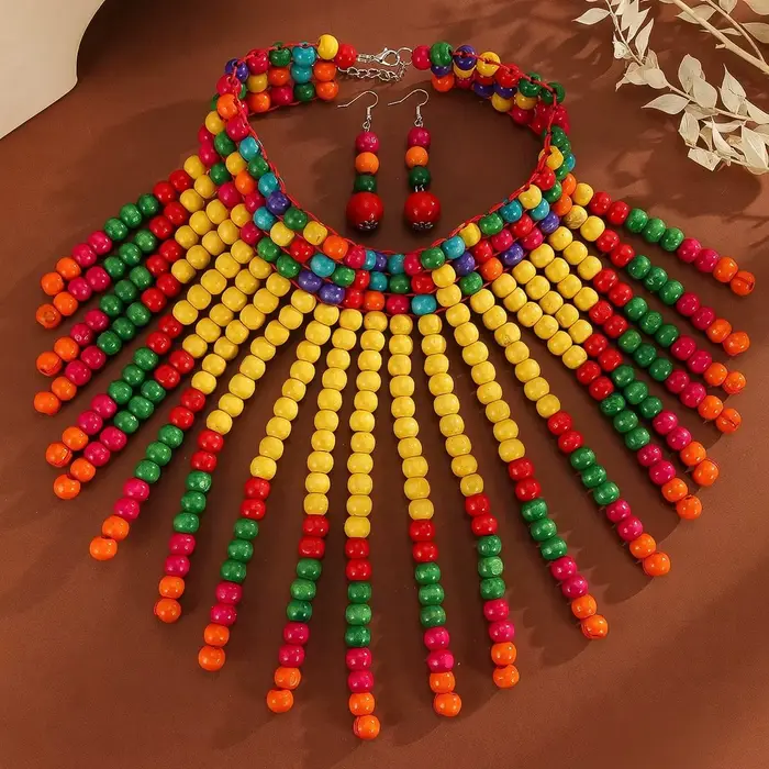 Ensemble de bijoux fantaisie bohème rétro ethnique fait main avec collier bib tissé de perles en bois et boucles