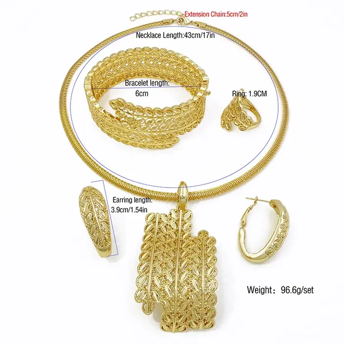 Ensemble de bijoux plaqué or élégant pour femmes avec collier, boucles d'oreille, bracelet et bague pour occasions spéciales et soirées festives