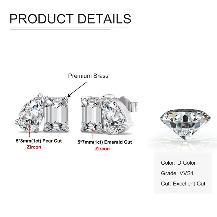 Rrjzz Boucles d'oreilles clous pour femme, 2 pierres en zircone cubique de laboratoire, taille émera