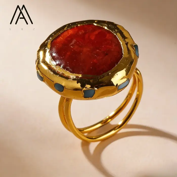 Bague en pierre précieuse Larimar corail rouge