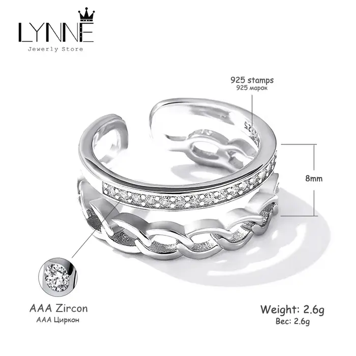 Bague Double couche en argent Sterling 925 pour femmes