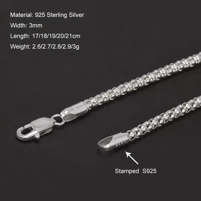 Bracelet chaîne bolo maille pop-corn ronde en argent sterling 925 de 3 mm pour hommes et femmes