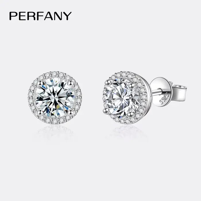 PERFANY-Boucles d'Oreilles Rondes en Moissanite pour Femme, Argent Massif S925, Plaqué Or Blanc 18K,