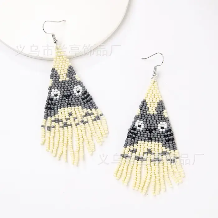 Boucles d'oreilles Totoro en perles de riz bohémien, tissées à la main, en alliage de pampilles grises et blanches, Style National, Design Original, bijoux en perles