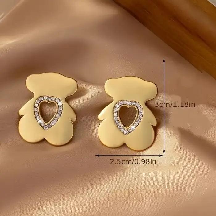 Boucles d'oreilles délicates et mignonnes en forme d'ours avec cœur creux incrusté de diamants, tend
