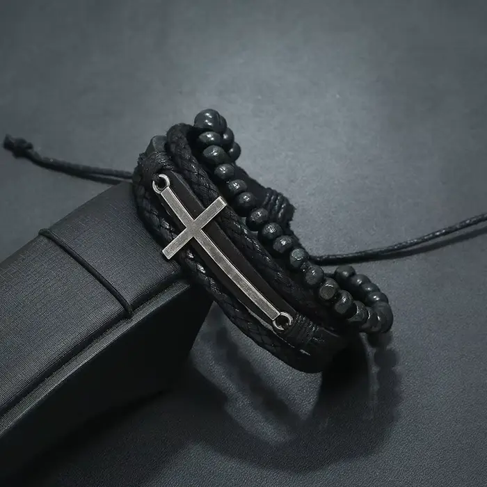 Bracelet rétro à couche croisée pour hommes, Punk noir, cuir de vache tissé à la main, perles réglables, accessoires, bijoux chrétiens
