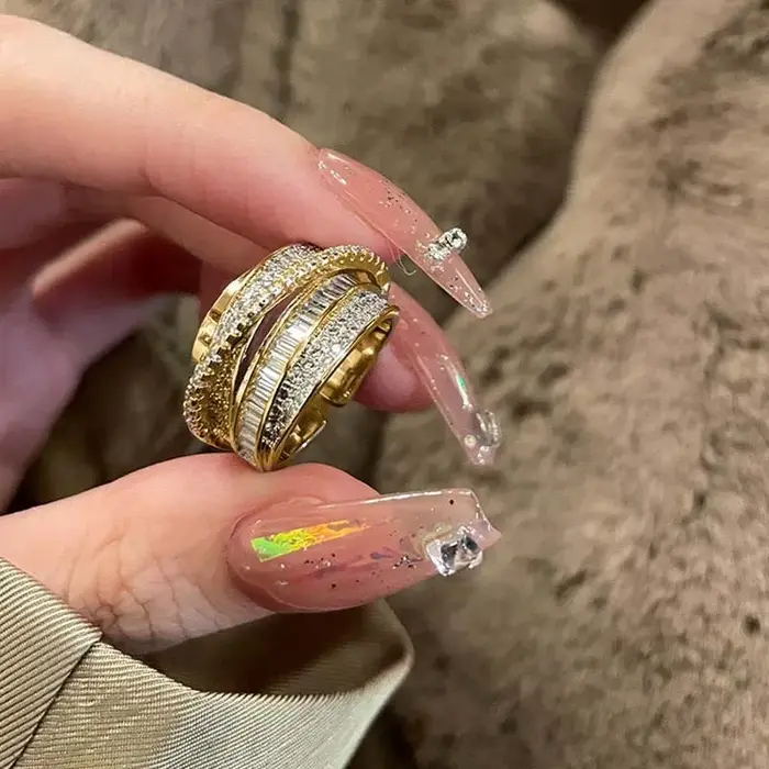 Bagues coréennes multicouches couleur or pour femmes, larges bagues ouvertes de luxe en Zircon brill