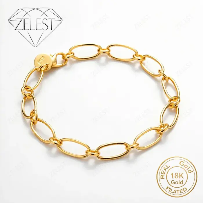 Bracelet ovale délicat en argent sterling 925 plaqué or 18 carats de 8 pouces pour femmes, bijoux él