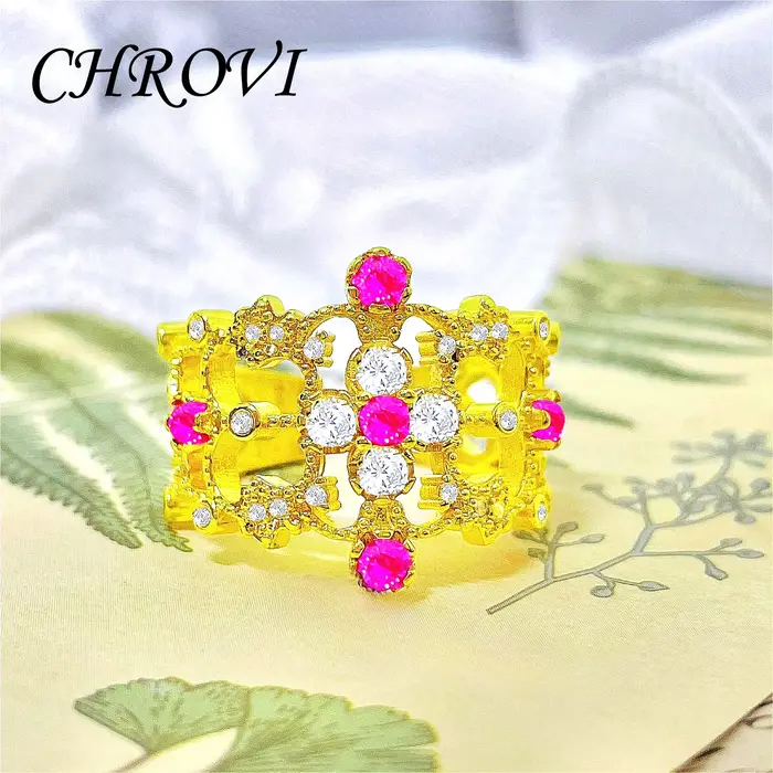Bague Couronne Creuse en Argent Sterling 925 Plaquée Or 18K Style Vintage pour Femmes Occasions Spéciales Zirconium Blanc Élégante
